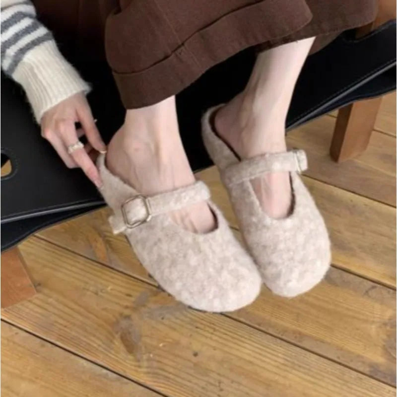 LBSFY -Big Size 43 Women Lambswool Slippers Winter Sheep Fur Shoes Ladies Flat Cotton Slides Home Pantuflas Daily Slip On Furry Mules