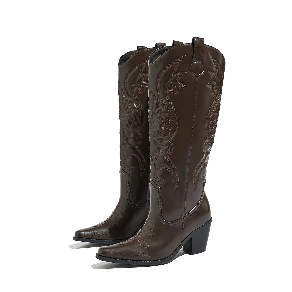 LBSFY -Western Boot Retro Embroidery Round Pointed Top Thick Heel V-shaped Wide Cuff Thick Bottom Long Boots Women's Chunky Heels Boots