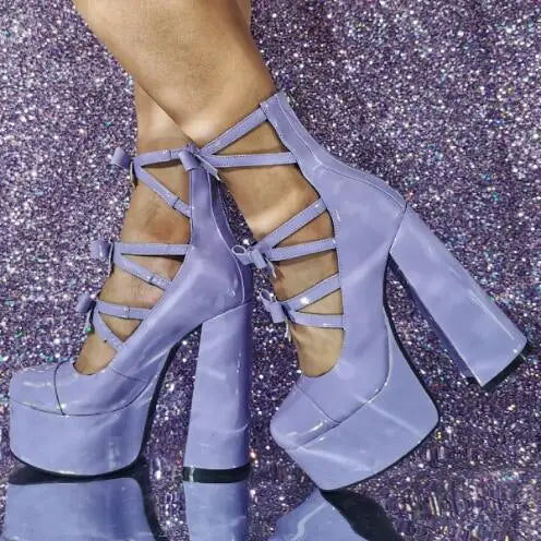 LBSFY  -  Cute Girls Pink Leather Bow Ties Round Toe Thick Bottom Mary Jane Shoes Woman Retro Chunky Heels Hollow Cuts Out Muller Pumps