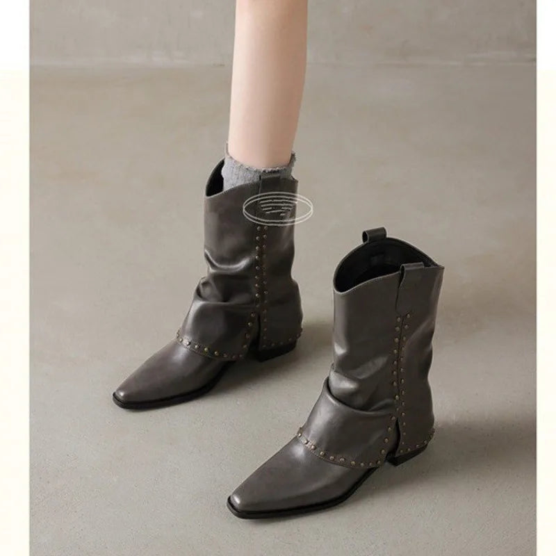 LBSFY -New Style Luxury Women's Cowgirl Boots Fashion Slip on Ladies Elegant Square Heel Long Pipe Boots Shoes Retro Zapatos Mujer