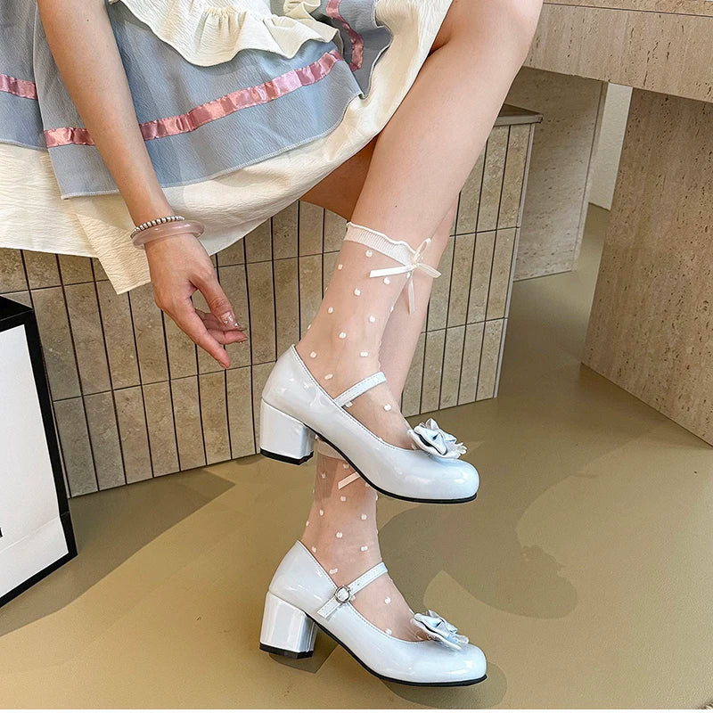 LBSFY -Cute Butterfly-knot Women Lolita Mary Jane Shoes Concise Thick Heel Leather Shoes Ladies Shallow Pumps