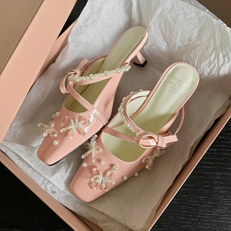 LBSFY  -  2024 Pearl Pink Ballet High Heels Pointed 5cm Slim Heel Skirt Outdoor Banquet Slippers 34-40 Bow Summer Birthday Party Sandals
