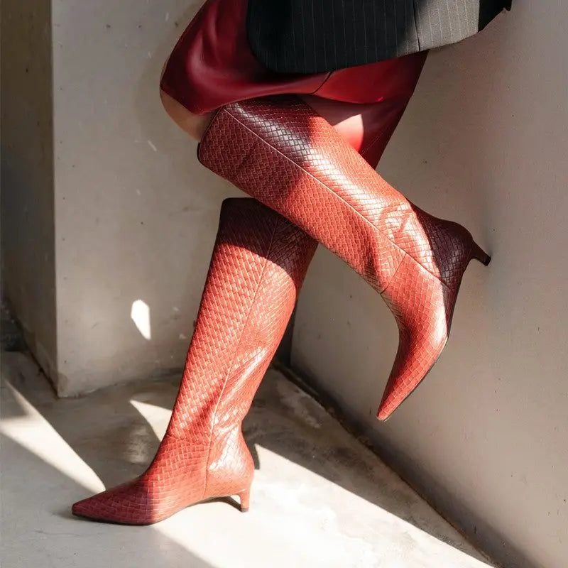 LBSFY  -  2025 New Genuine Leather Boots Women Pointed Toe Mid Heels Autumn Winter Knee High Boots Fashion Ladies Shoes
