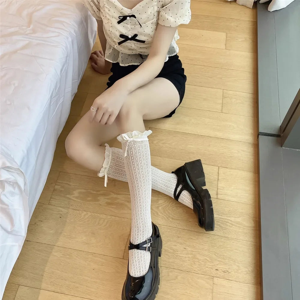 Lbsfy Japanese Retro Women Stockings Ruffle Long Socks Lolita Style White Lace Knee High Sock Sweet Girls Cute Bow Thigh High Stocking