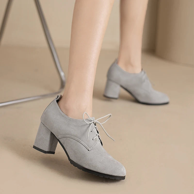 LBSFY  -  Spring New 2024 Ladies Retro Pumps Classics Flock Lace Up Office Round Toe Block High Heel Shoes Female Size 33-43 Black Brown