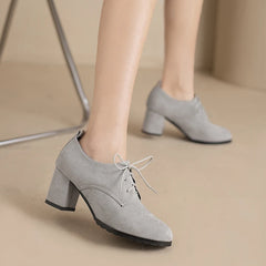 LBSFY  -  Spring New 2024 Ladies Retro Pumps Classics Flock Lace Up Office Round Toe Block High Heel Shoes Female Size 33-43 Black Brown
