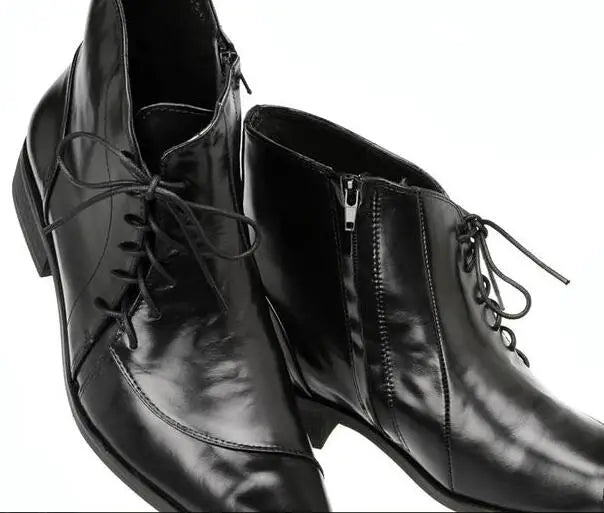 LBSFY  -  New Burgundy Black Matte Genuine Leather Pointed Toe Business Shoes Man Cross Tied High Top Flat Short Ankle Boots Size 47