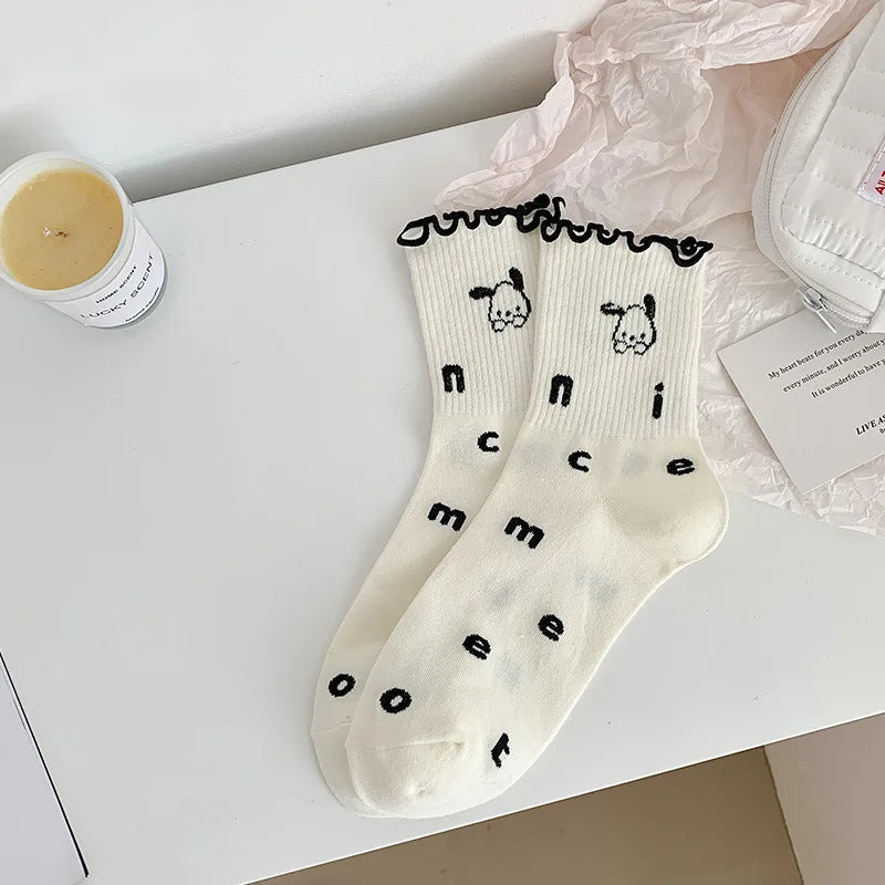 Lbsfy Women Socks Cotton Cute Rabbit Cherry Love Print Striped Ruffle Female Cartoon Animal Embroidery Stockings White Student Socks