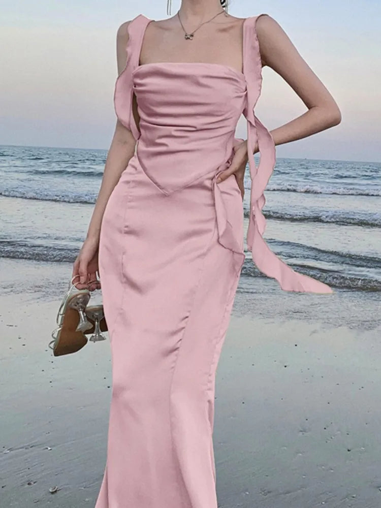 LBSFY -Sweet Pink Backless Womens Dresses Sexy Spaghetti Strap Sleeveless Wedding Evening Dress Elegant Gown Female Split Vestidos New