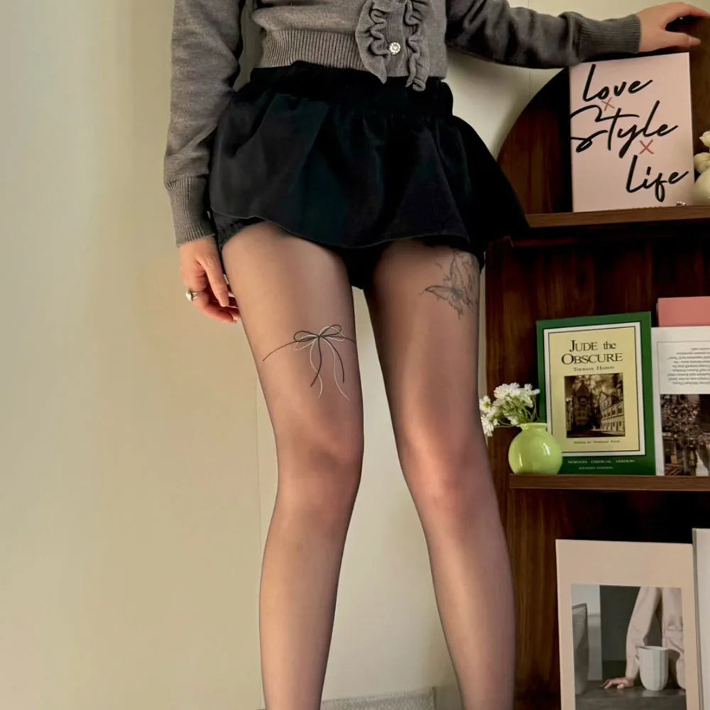Lbsfy Butterfly Bow Ribbon Tattoo Stockings Black Bottoms Korea Women Punk Sexy Pantyhose Tights Night Club Cosplay Party Accessories