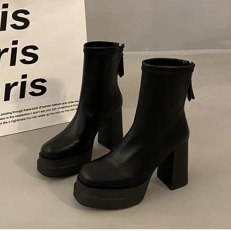 LBSFY  -  Platform Boot Shoes for Women Modern Western Black Femme Botas Punk Goth Female Winter High Heeled Shoes Round Toe Heels Botines