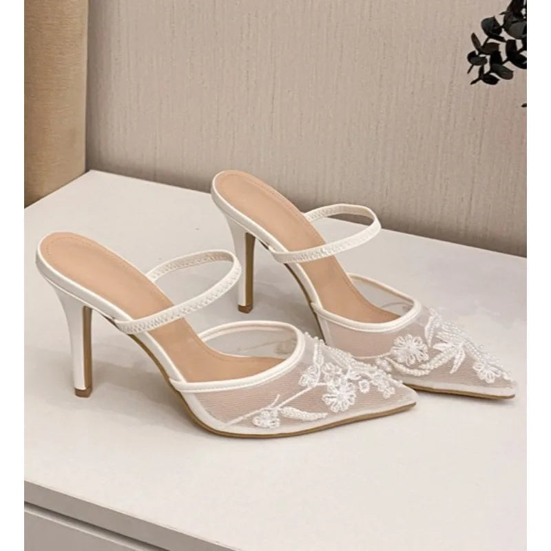 LBSFY -Luxury Brand High Heels Women Sandals Mesh Embroider Elegant Pointed Ladies Slingback Designer Party Wedding Bridal Dress Shoes