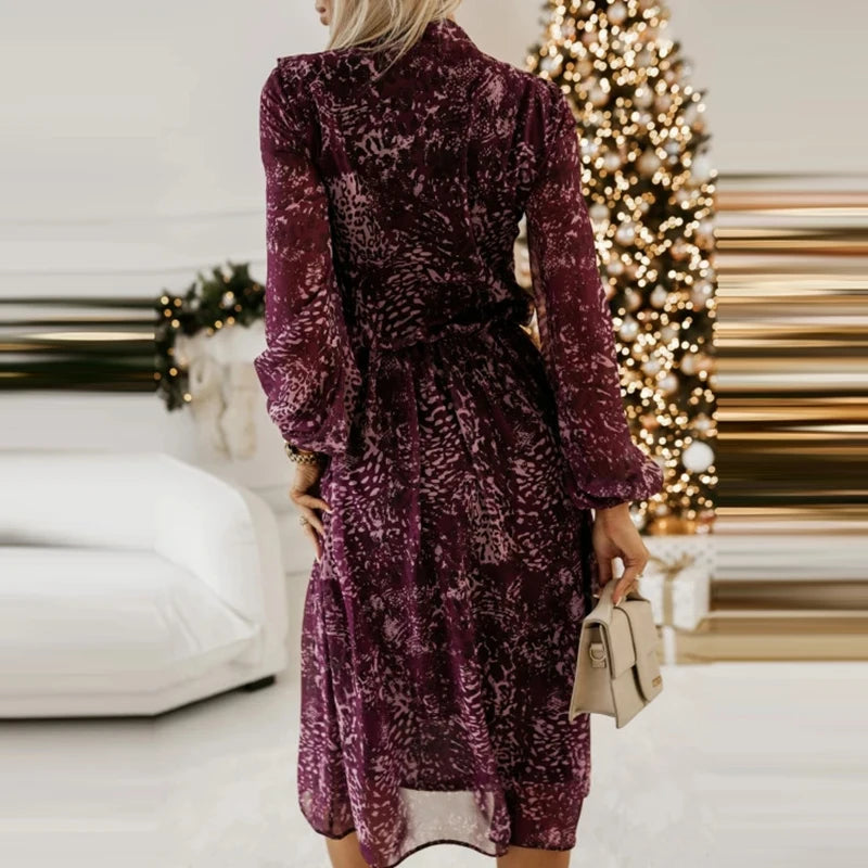 LBSFY  -  Casual Autumn Retro Floral Print Office Long Dress 2025 Elegant Bow Collar Belt Loose Party Dress Women Long Sleeve Waist Dress