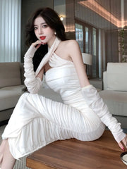 LBSFY -Fashion Sexy Halter Pleated Party Dress for Women Vintage Elegant Autumn Strapless Birthday Ladies Bodycon Split Vestidos Mujer