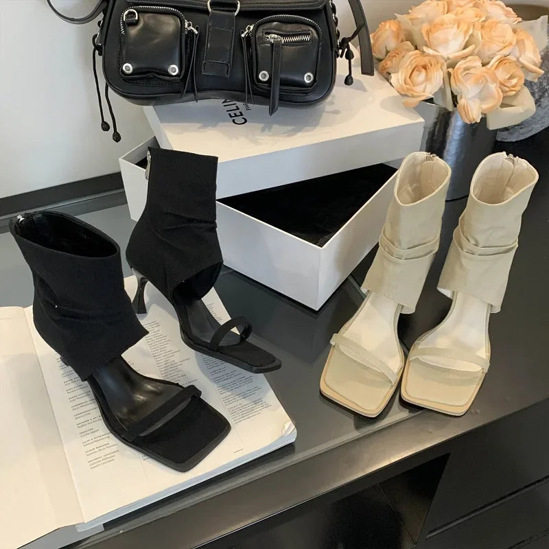 LBSFY -Design Hollow Out Zipper Women Ankle Boots Sandals Fashion Square Toe Thin Low Heels Ladies Shoes Zapatos De Mujer