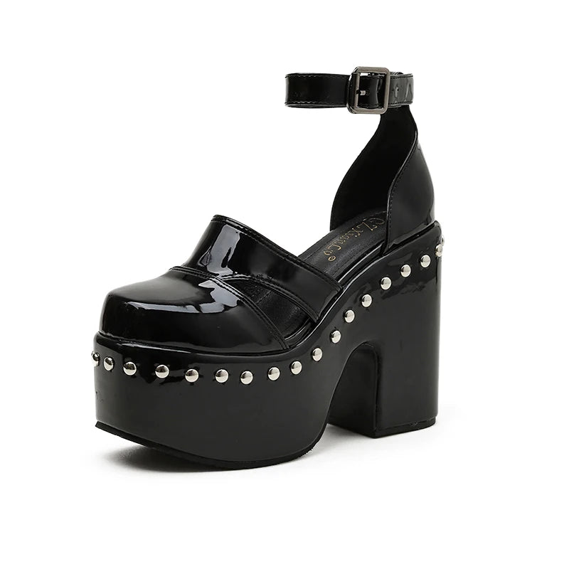 LBSFY -New Thick Sole Punk Sandals Women Wrap Toe Hollow Patent Leather Roman Sandalias Rivets Platform Casual Chunky Heel Buckle Shoes