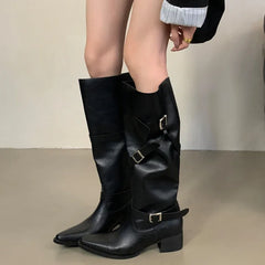 LBSFY -Winter Black Punk Round Toe Knee-High Women Boots Square Heels Buckle Strap Ladies Booties Shoes Zapatillas De Mujer