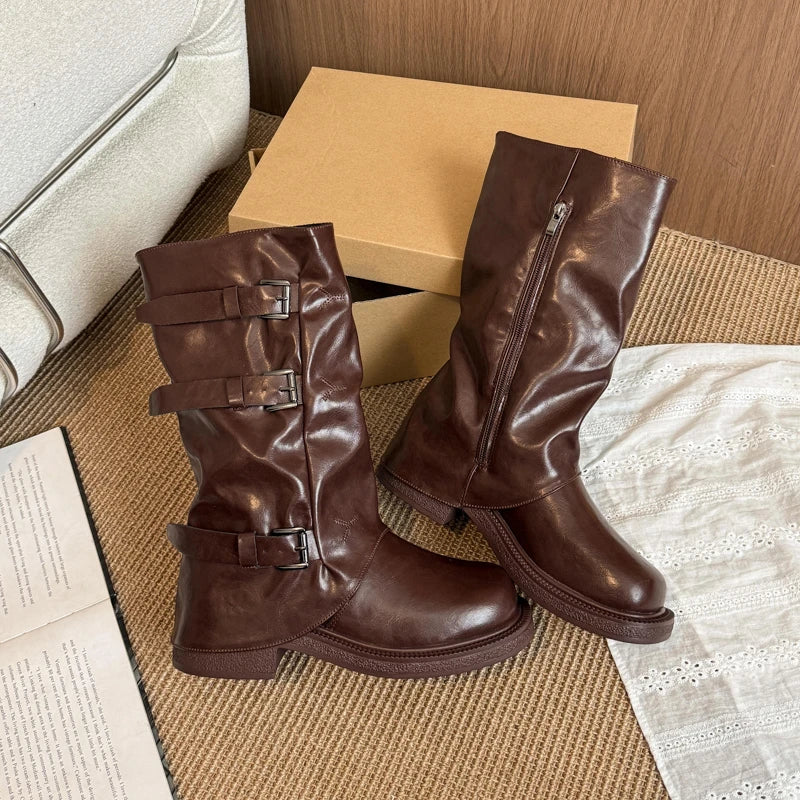 LBSFY -Designer Pleated Buckle Knight Boots Women Autumn Brown PU Leather Mid Calf Boots Woman Slip-On Thick Heel Riding Botas Mujer