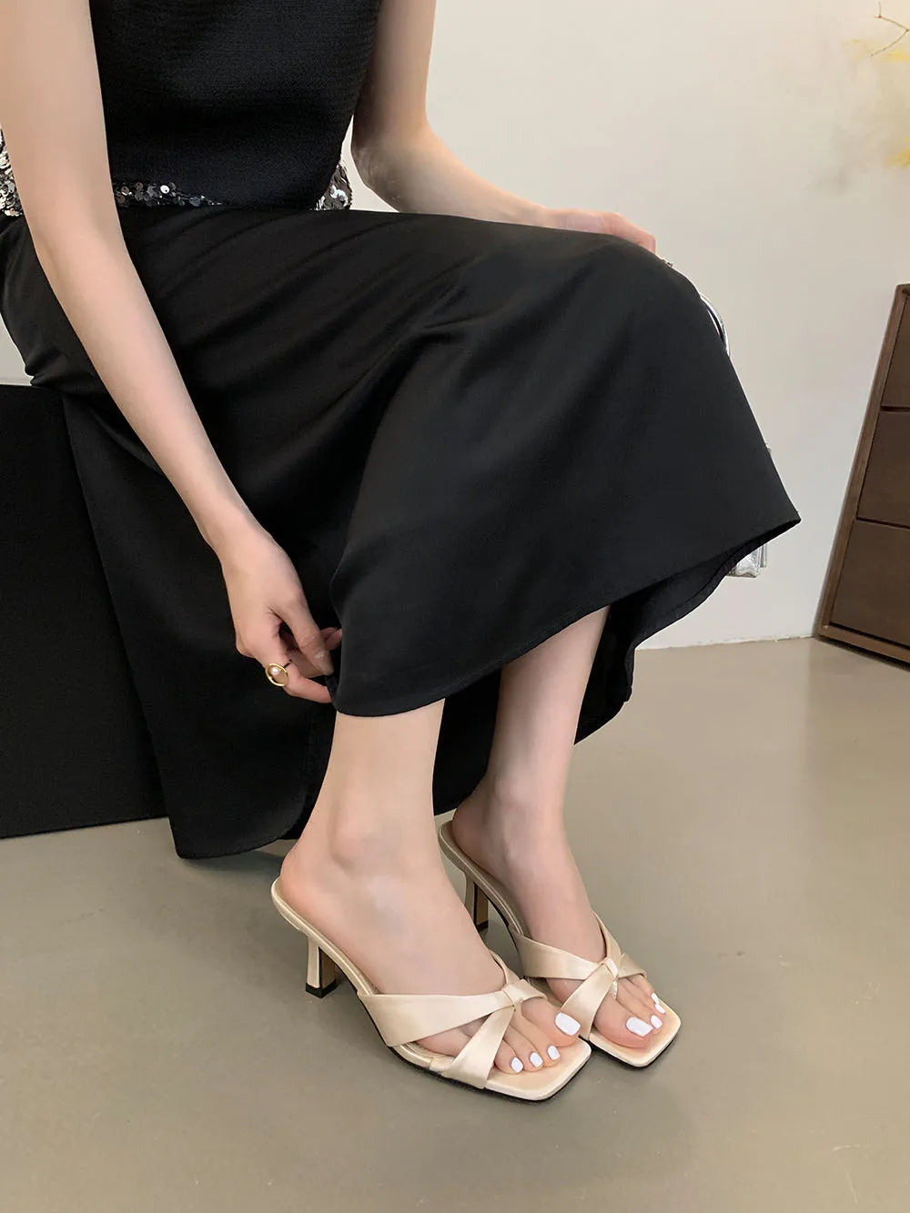 LBSFY  -  Fashion Women Sandals Slides Slippers Summer Outside Mules Shoes Thin High Heels Party Pumps Shoes Woman Green Black Beige 35-40