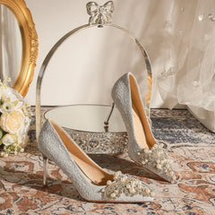 LBSFY  -  Size 32-43 Rhinestone Pearls High Heels Women's Stiletto Heel Pointed Toe Silver Wedding Shoes
