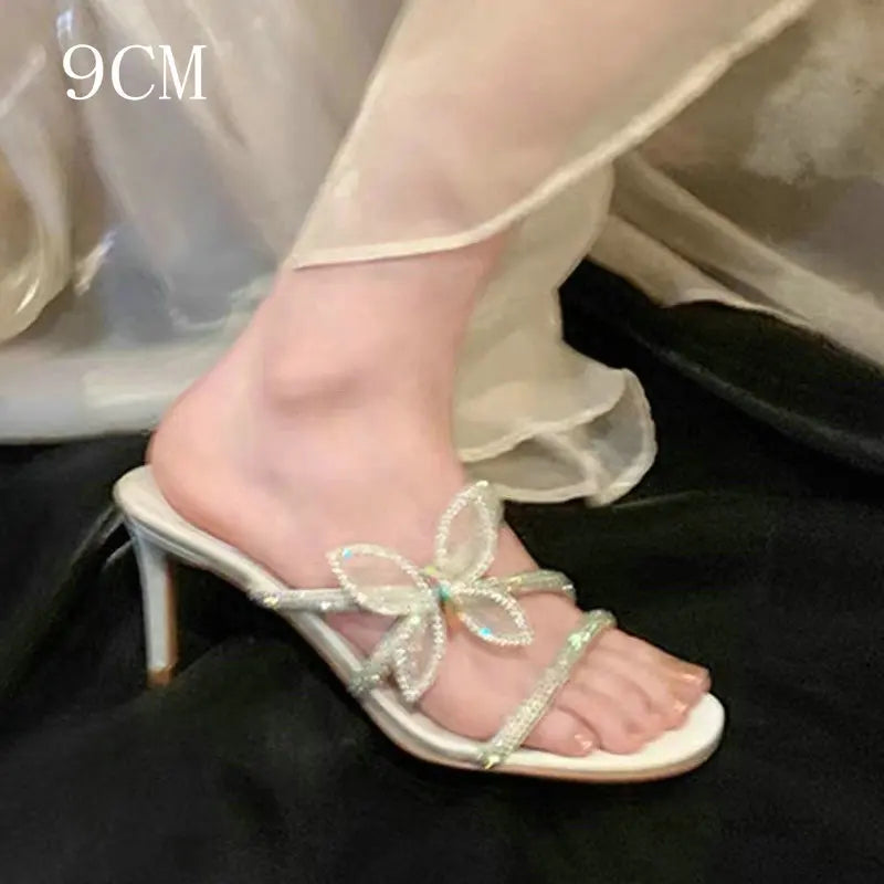LBSFY  -  Butterfly Rhinodiamond Slippers 2024 Summer New Wear Thin Heel Sandals Sexy Sweet High Heel Sandals Elegant Slides