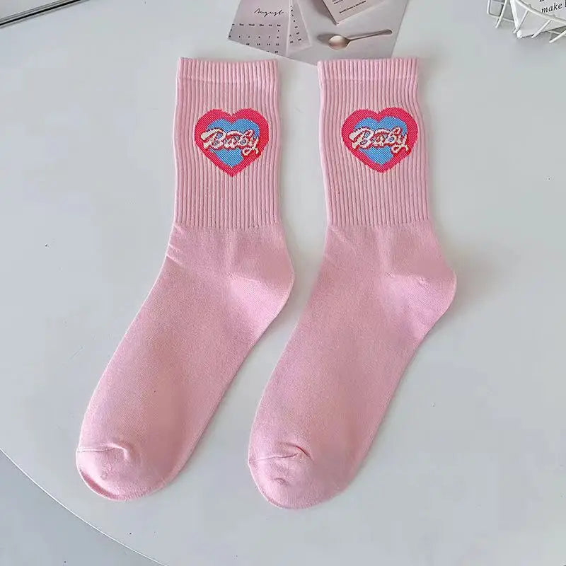 Lbsfy Women's Socks Love Print Pink White Kawaii Harajuku Streetwear Skateboard Cute Fashion Sports Socks Girls Gift Calcetines Mujer