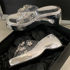LBSFY -Summer CRYSTAL Flower PVC Transparent Women Slippers Fashion Solid Platform Wedges Heels Square Toe Sandals Shoes