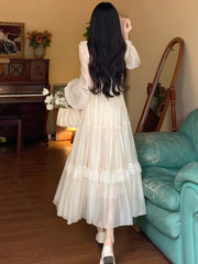 LBSFY -French Ruffle Lace Midi Dress Elegant Fairy Square Neck Long Sleeve A-line Vestidos Casual Slim Evening Party Solid Mujers Robe