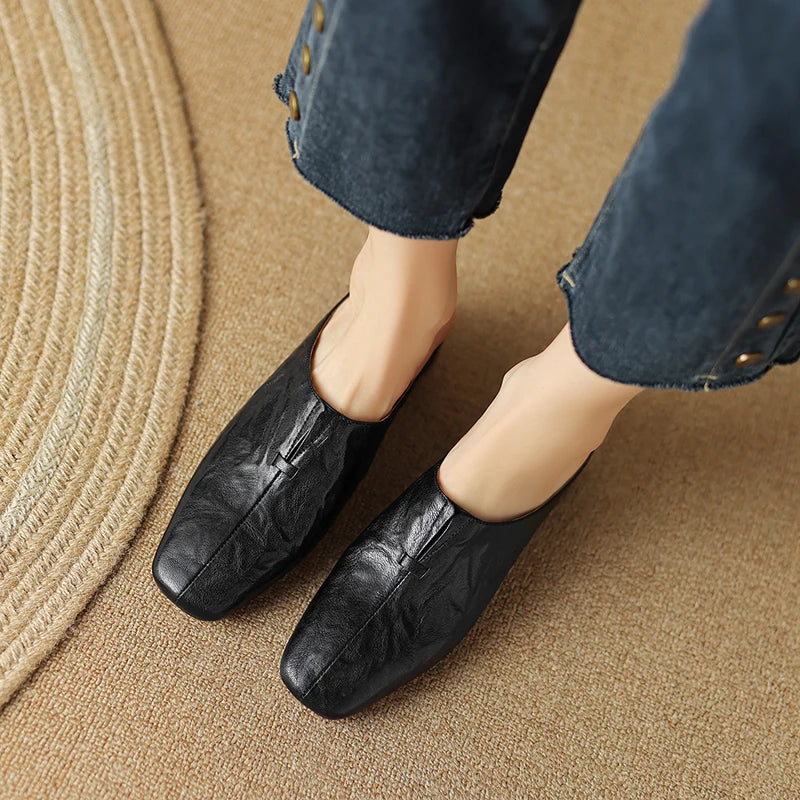 LBSFY  -  2024 Office Lady Casual Women Pumps Mules Square Toe Thick Heels Slippers Genuine Leather Sandals Shoes Woman Concise Fashion