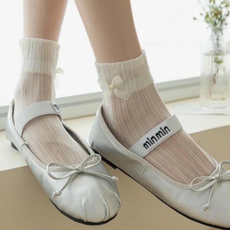 Lbsfy Summer Cool Thin Socks Woman Solid Color Bowknot Lace Glittering and Translucent Low Tube Casual Black White Socks for Women