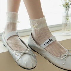 Lbsfy Summer Cool Thin Socks Woman Solid Color Bowknot Lace Glittering and Translucent Low Tube Casual Black White Socks for Women