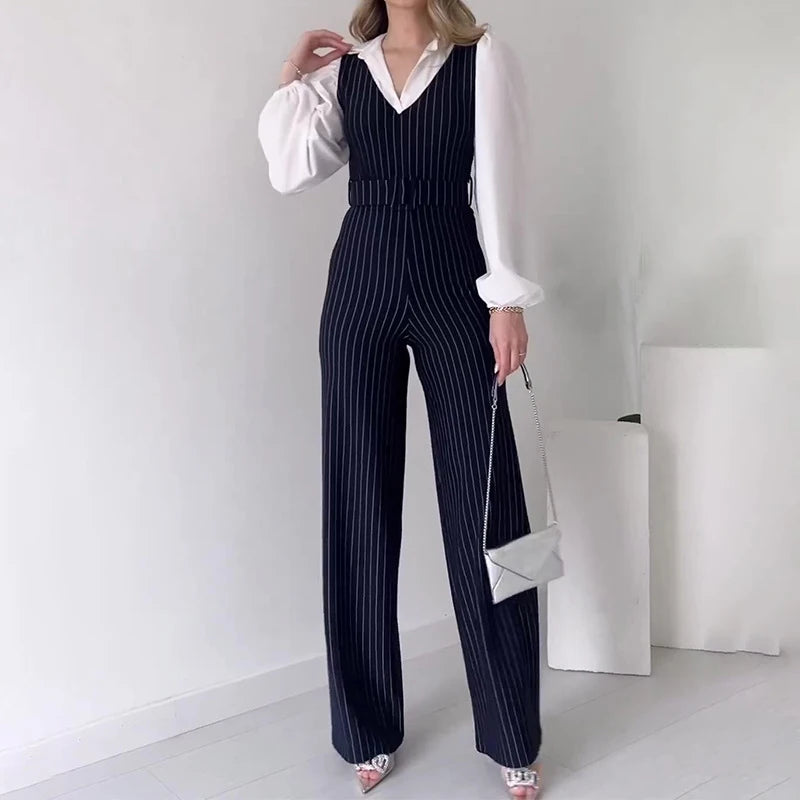 LBSFY  -  Vintage Hollow Out Sleeveless Belt Rompers Office Fashion Slim Long Pants Vest Playsuit FemaleV Neck Striped Straight Jumpsuit