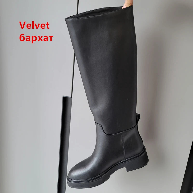 LBSFY  -  2024 Ins Genuine Leather Knee High Boots For Women Thick Heeled Autumn Winter Warm Shoes Woman High Motorcycle Boots