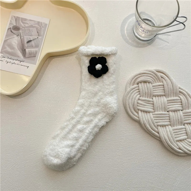 Lbsfy Women Cute Fuzzy Socks White Black  Winter Warm Fleece Kawaii Flower Bowknot Fluffy Socks Fashion Thicken Home Floor Sleep Sock