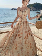 LBSFY -Summer Elegant Vintage Fashion Print Long Women's Dresses 2025 New French Party V-Neck Dress Casual Holiday Beach Fairy Vestidos