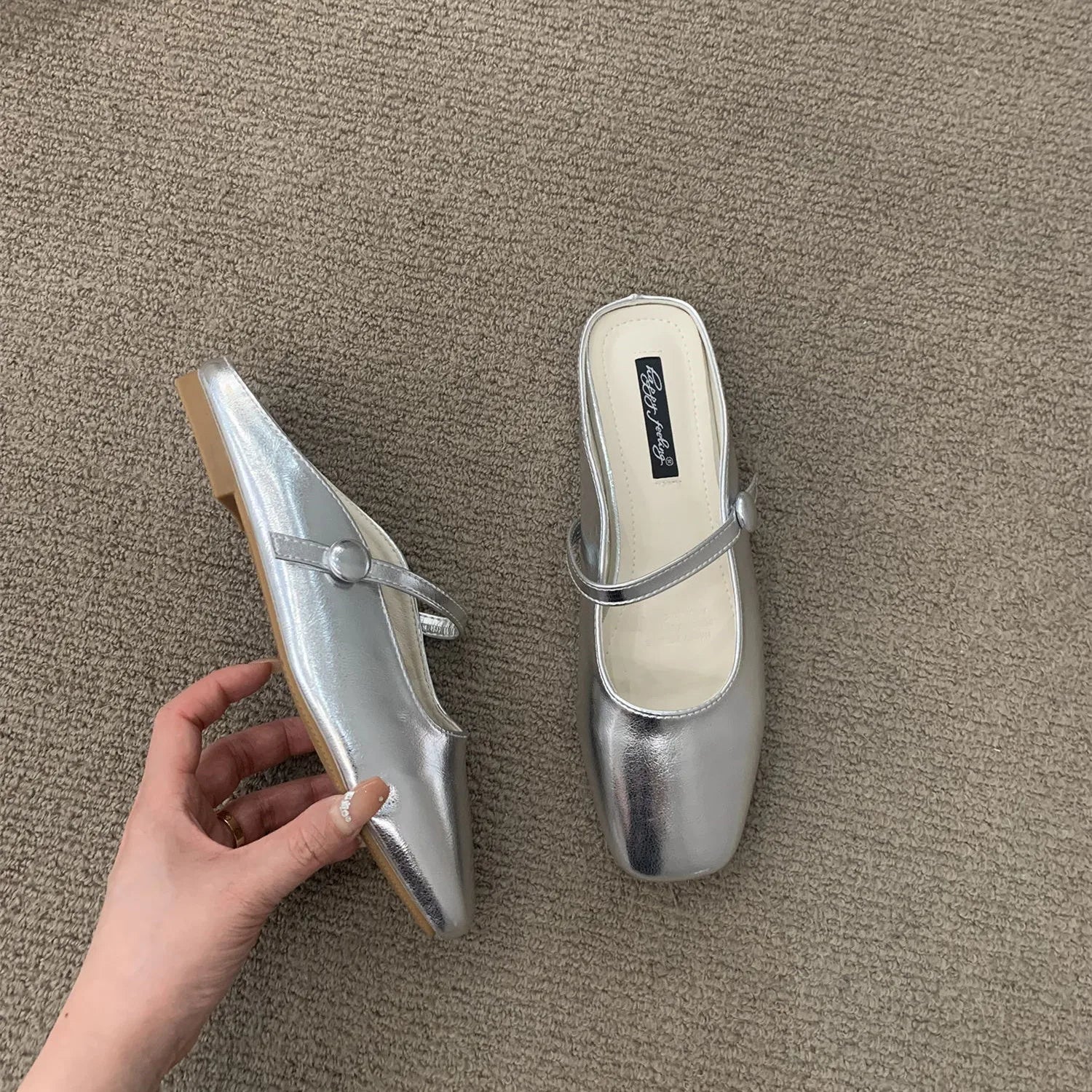 LBSFY -Women Fashing Silver Slippers Ballet Flats Shoes Square Toe Shallow Slip On Ladies Sandals Soft Slides Zapatos Mujer 40