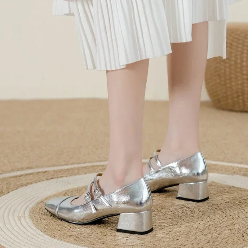 LBSFY  -Women's Fashion Mary Janes Shoes Autumn Sliver Leather Buckle Mid-heels Dress Shoes Women Square Toe Shallow Chunky Heels Shoes