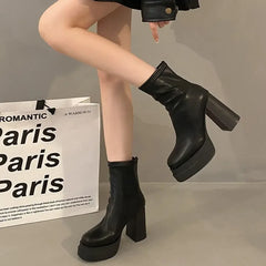 LBSFY  -  Platform Boot Shoes for Women Modern Western Black Femme Botas Punk Goth Female Winter High Heeled Shoes Round Toe Heels Botines