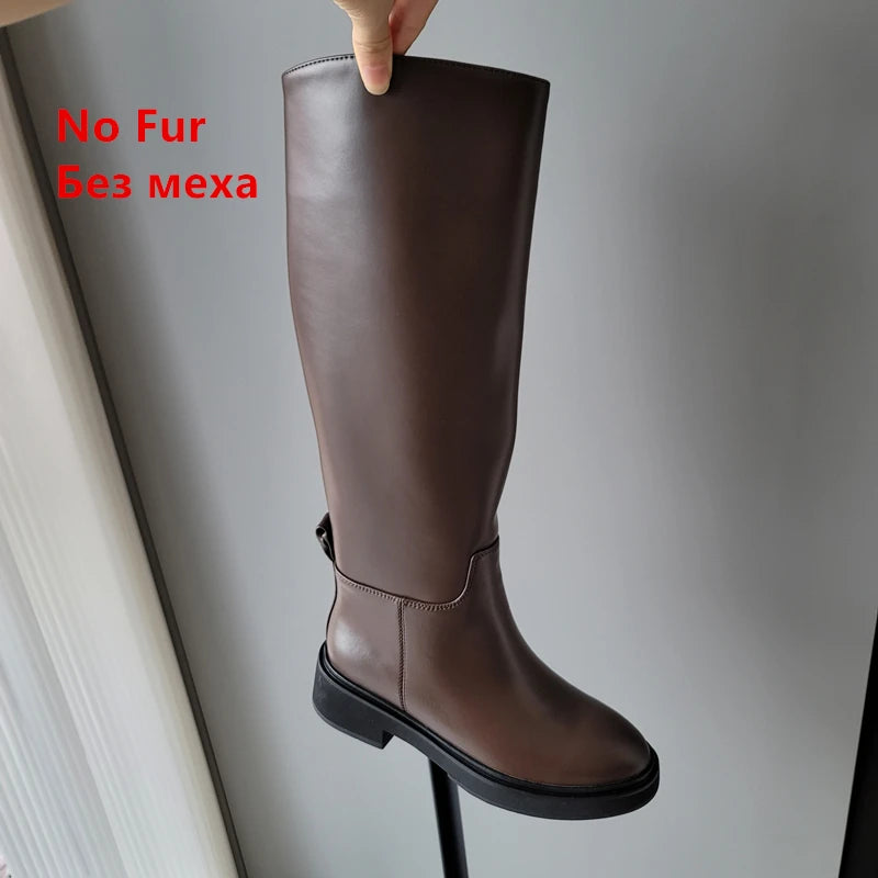 LBSFY  -  2024 Ins Genuine Leather Knee High Boots For Women Thick Heeled Autumn Winter Warm Shoes Woman High Motorcycle Boots