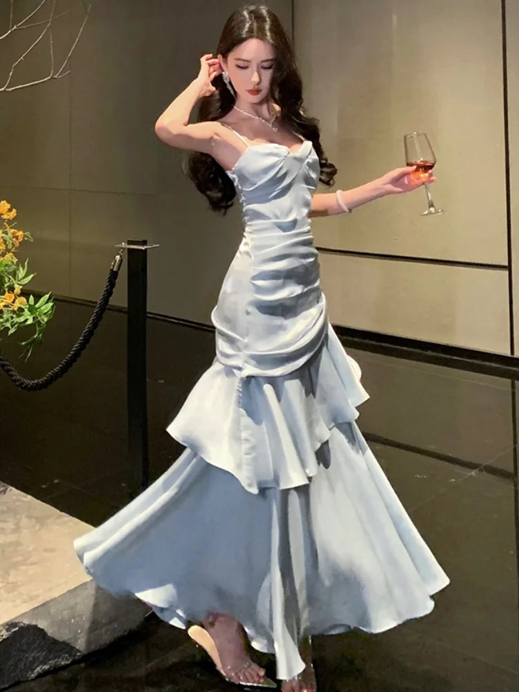 LBSFY -Fashion Spaghetti Strap Elegant Ruffles Women's Long Dresses Sleeveless Princess Party Dress Summer Slim Waist Casual Vestidos