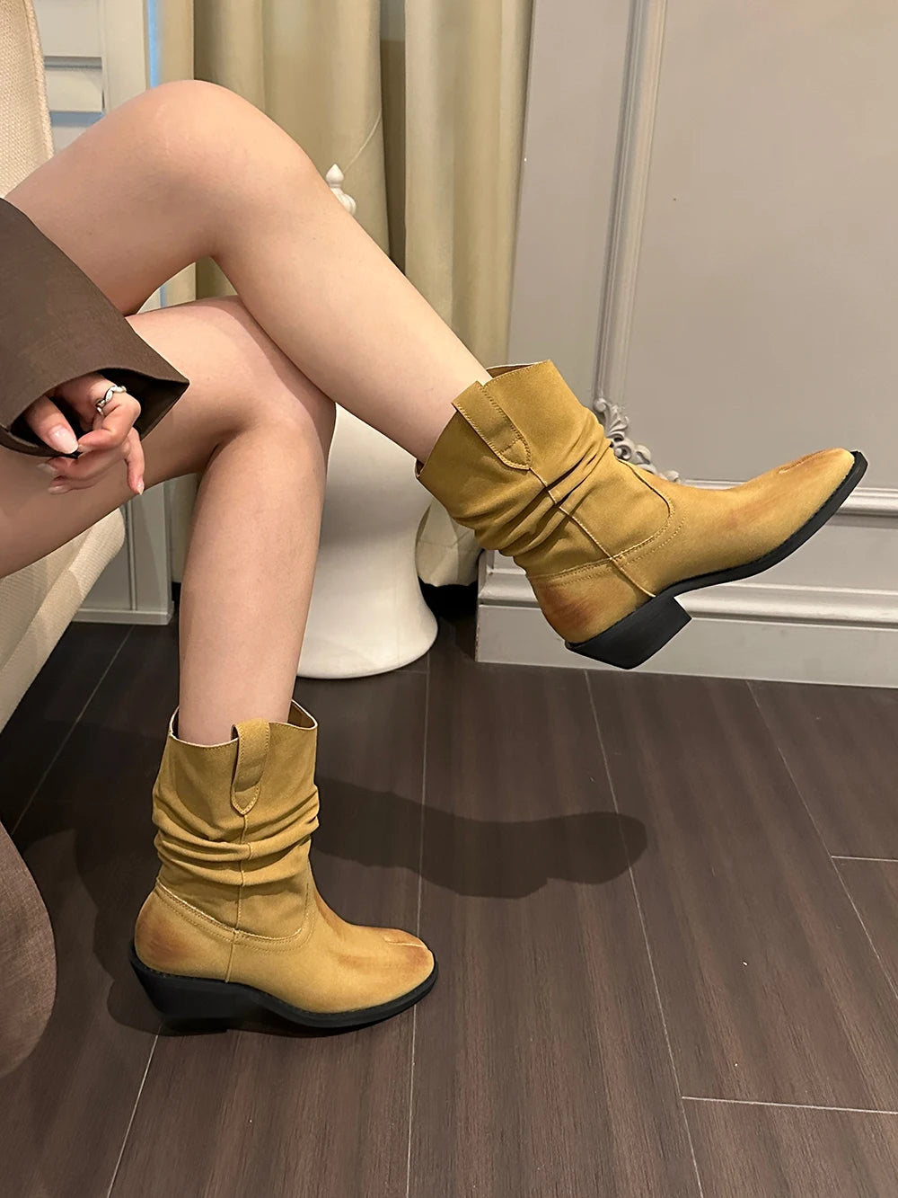 LBSFY  -  Clip Toe Women Ankle Boots Black Yellow Clip Toe Winter Autumn Chelsea Botas Flat Low Heels Winter Party Boots Woman Size 35-40