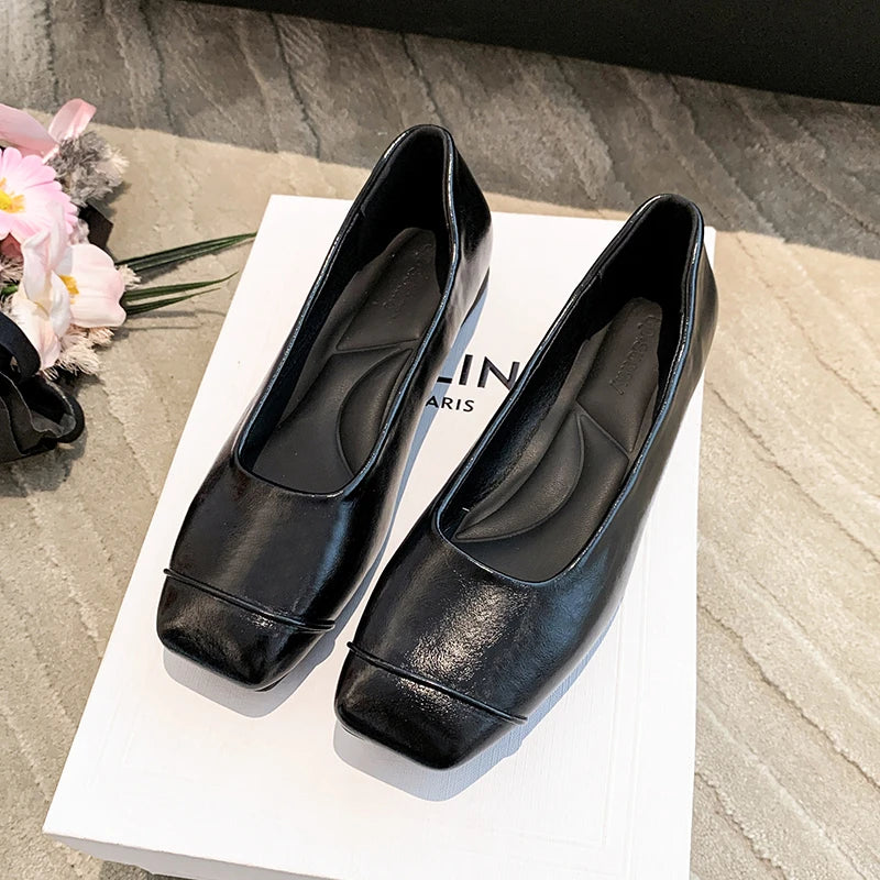 LBSFY -New Women's Genuine Leather Shoes Woman Square Toe Slip-on Loafers Casual Comfort Walk Shoes For Women Daily Outdoors Flat Shoes