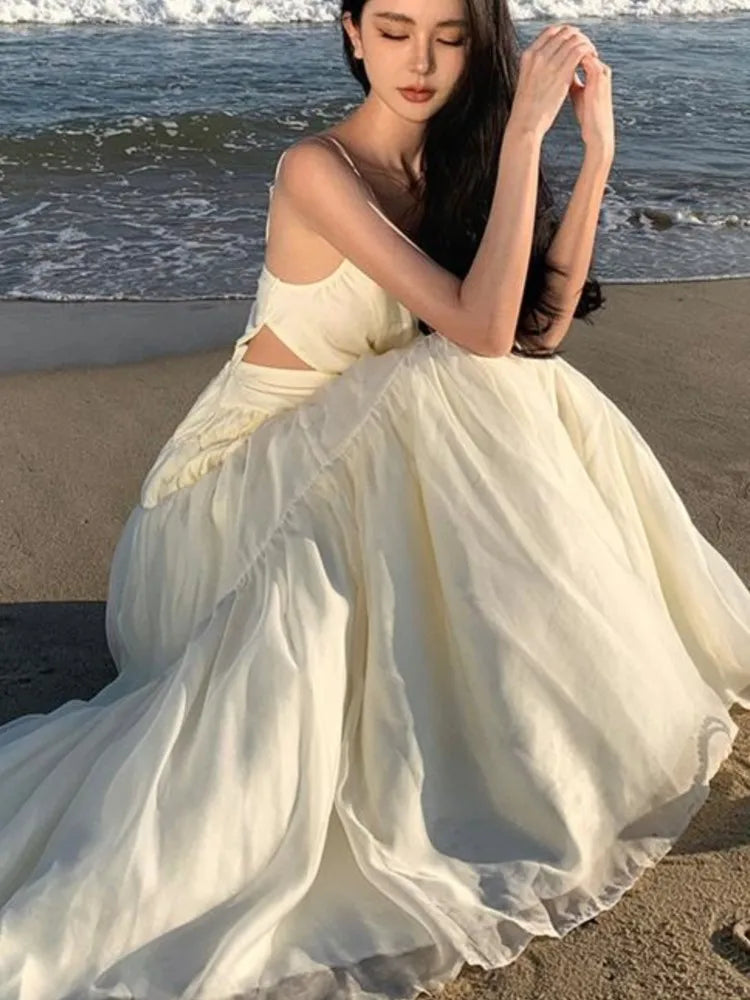 LBSFY -Women Beige Sexy Club Backless Pleated Slip Dress Summer Elegant V-neck Slim Lace Up Sleeveless Evening Party Fairy Long Dresses