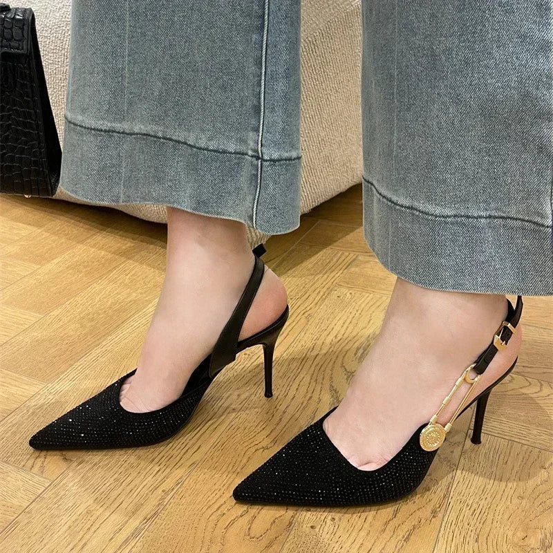 Lbsfy Luxury Rhinestone Sexy Pointed Toe High Heels Women Metal Buckle Shallow Elegant Banquet Party Shoes Mules Pumps Sandals Female