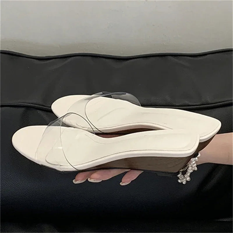 LBSFY -2025 New Summer PVC Transparent Wedges Open Toe Women Slippers Low Heels Banquet Dress Beach Female Shoes