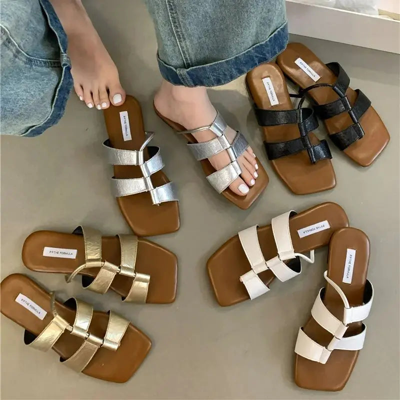 LBSFY  -Summer Casual Flat Sliper Square Toe Shoes Women Slip-On Beach Slides Soft Outdoor Sandals Mujer