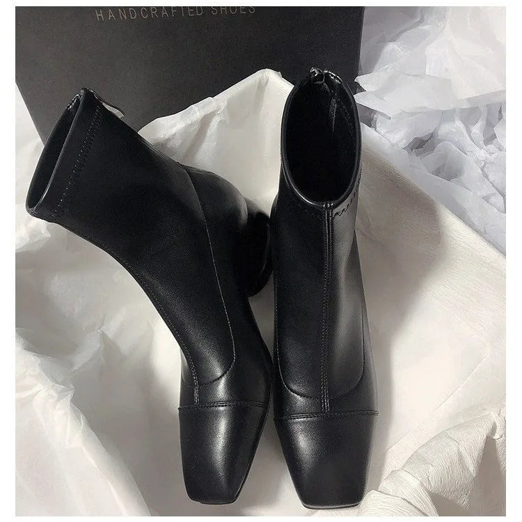 LBSFY -New Women's Metal Hollow Heel Iron Head Metal Pointed Toes Modern Short Boot for Women Winter Street Style Low Heel Boots Female