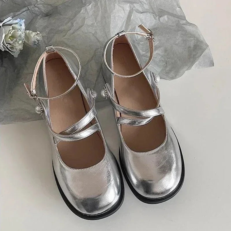 LBSFY -Ladies' Elegant  2025 Spring Style Women's Fashion One Line Buckle with Shallow Mouth Silver Mary Jane Single Shoes Square Heels