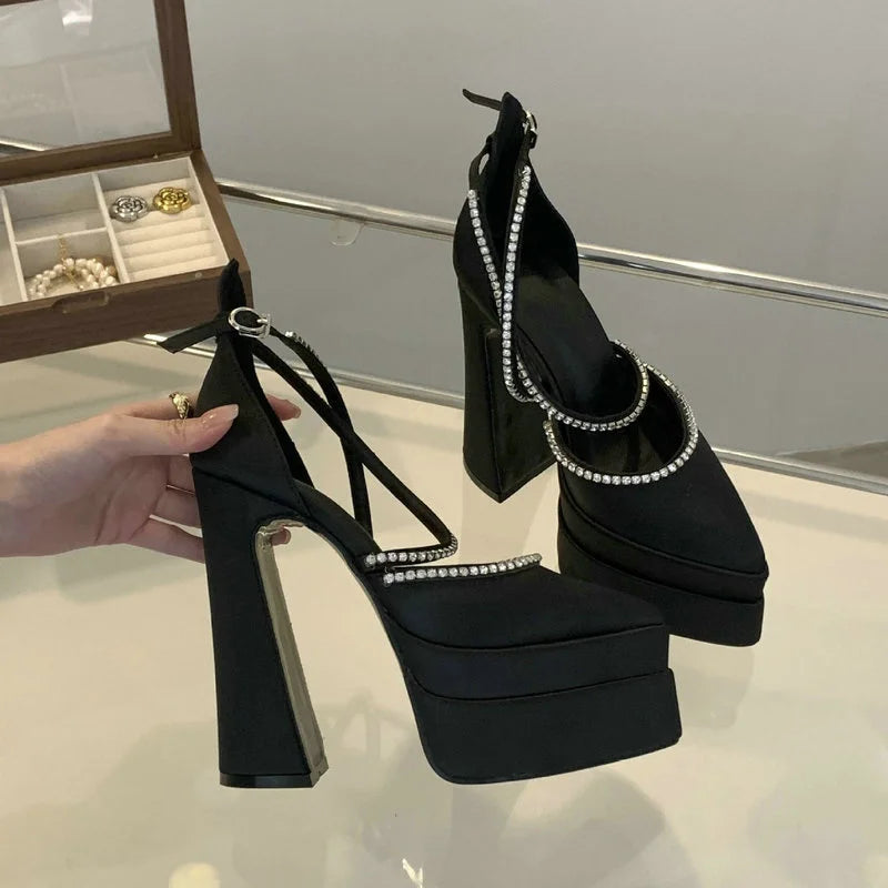 LBSFY  -  Summer 2024 New Fashion Platform Thick Heels Pointed Satin Pumps Women's Single Shoes