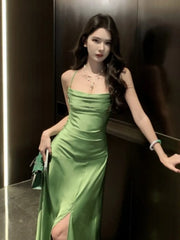LBSFY -French Elegant Satin Women's Dresses Summer Swing-Collar Side Slit Slim Sexy Green Sling A-line Dress Party Evening Chic 2025